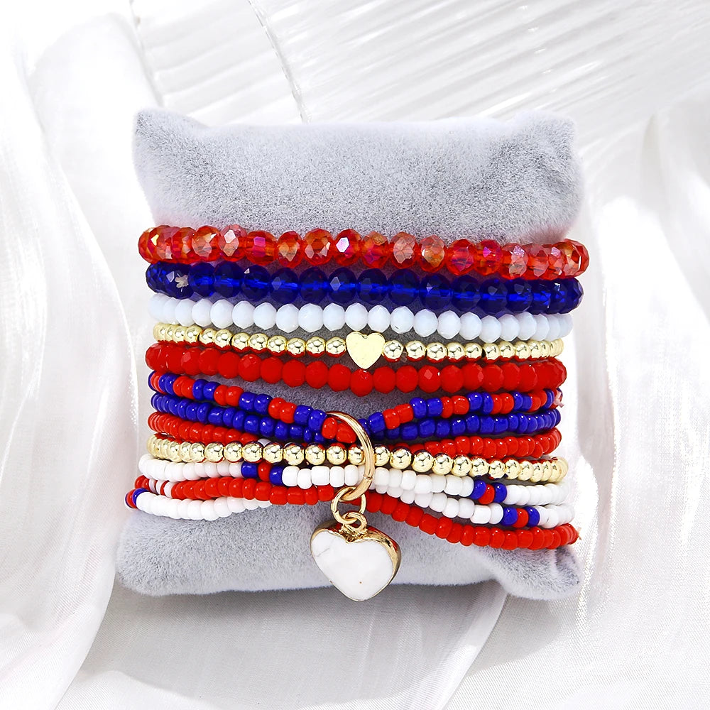 Fashion Women Bohemian Custom Jewelry Summer Beach 12pcs Lover 346mm Glass Seed Bead USA Flag Elastic Heart Stack Bracelet Set