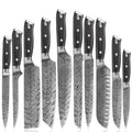 10-Piece Kitchen Knife Set Stainless Steel Laser Damascus Pattern Pakkawood Handle Ambidextrous Mirror Finish Boning Bread Knife