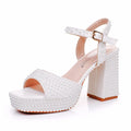 White Full Pearl Women Chunky Heel Ankle Strap Mid Heel Rhinestone Closed Toe Breathable Slip-Resistant Summer Evening Bridal