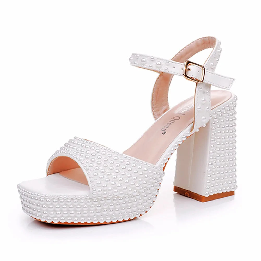 White Full Pearl Women Chunky Heel Ankle Strap Mid Heel Rhinestone Closed Toe Breathable Slip-Resistant Summer Evening Bridal