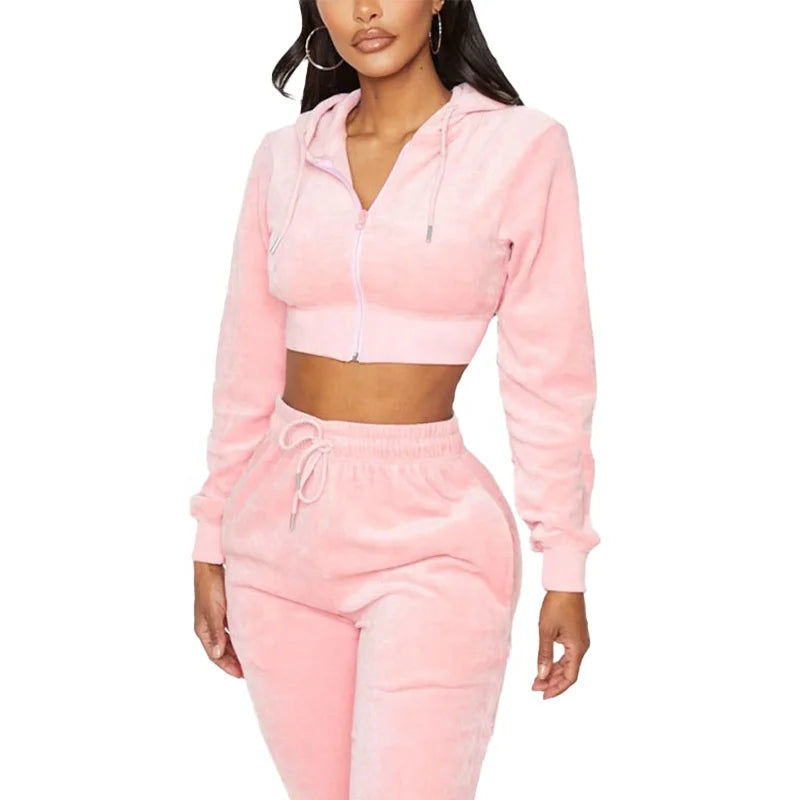 MANNI Two Piece Set Cropped Couture Plus Size Tracksuit Pink Velvet Tracksuit Set for Women