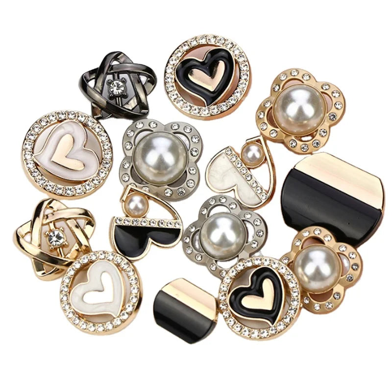 Luxurious Four-leaf Clover Heart Cutout Metal Garment Button for Retro Vintage Alloy Coat Pearl Suit Jacket Rhinestone Buttons