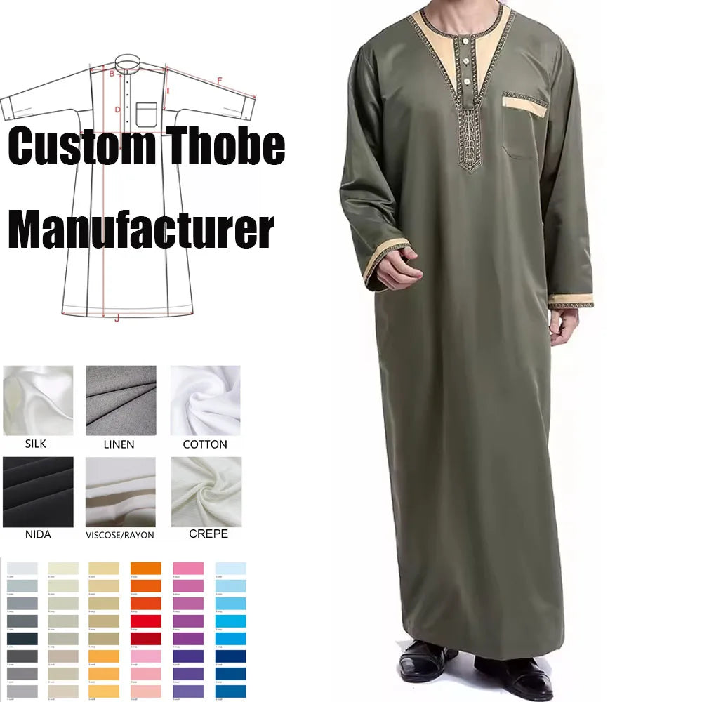 Muslim Arab Men Thobe Caftan Islamic Clothing Man Dress Robe Long Sleeve Muslim Clothing Qatar Dubai Abaya
