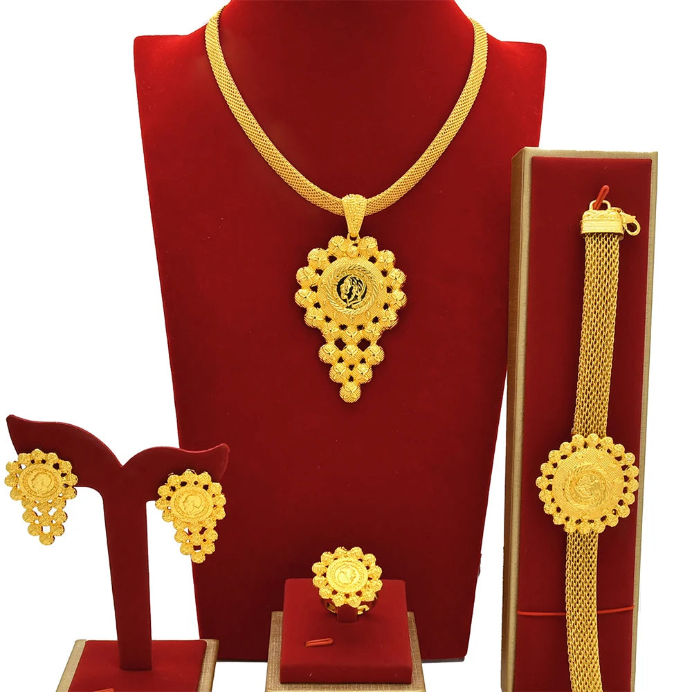 Fashion Chunky Ethiopian Traditional Wedding Bride Habesha 24k Gold Plated Jewelry Statement Necklace Bracelet Earring Pack