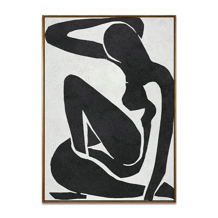 Handmade Nordic Vintage Modern Abstract Figure Acrylic Linen Canvas 450gsm Eco-Friendly Wall Art Black White Minimalist Painting