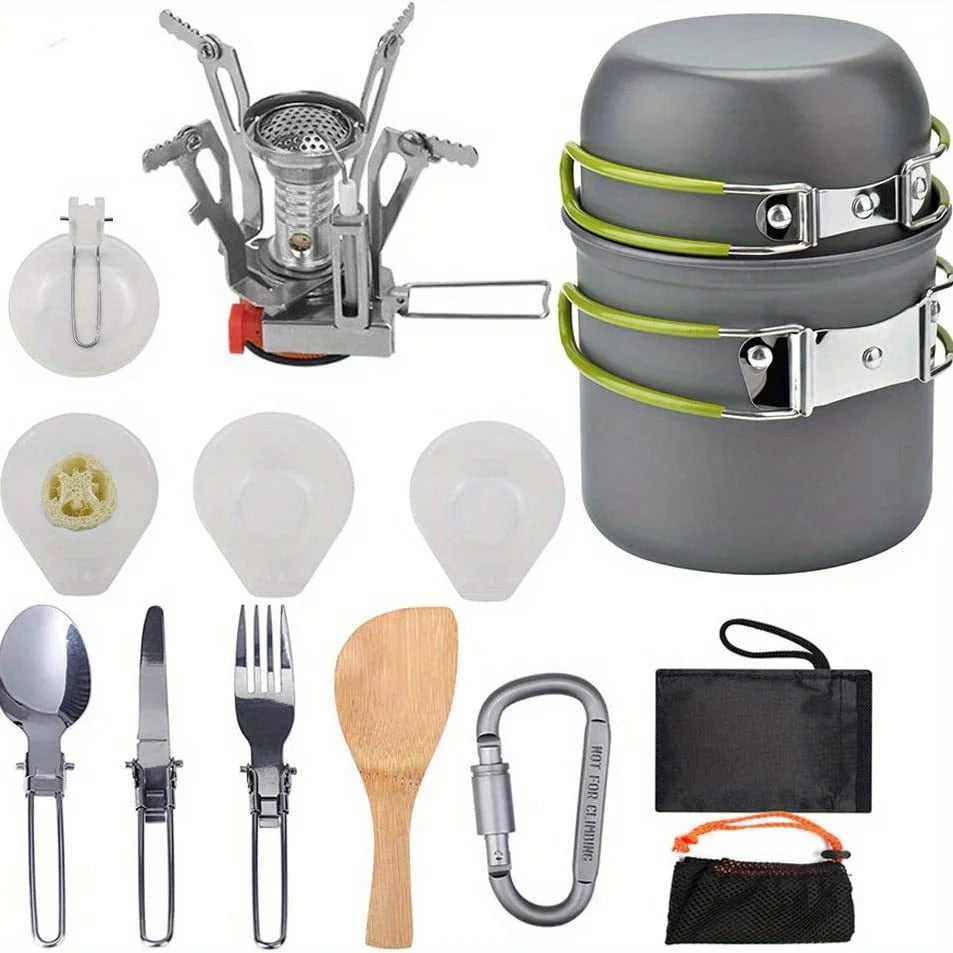Kongbo 15pcs Camping Cookware Mess Kit Non-Stick Lightweight Pots Set Portable Outdoor Cookware for Camping Backpacking