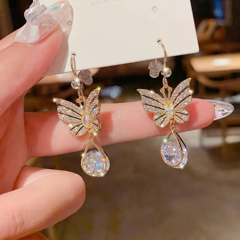 Female Temperament Crystal Butterfly Drop Earrings Fashion Copper Zircon Pendant Earrings Girls Trend Earring 2022