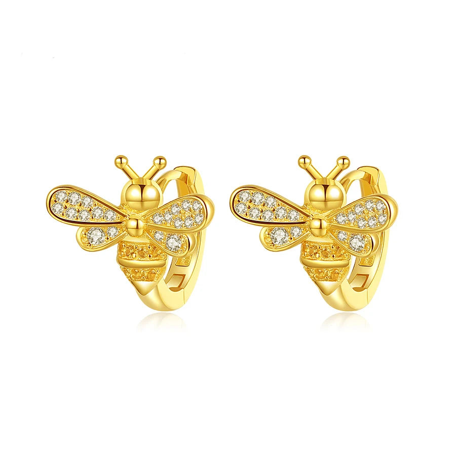 Fine 925 Sterling Silver 18k Gold Pave Zircon Bee Hoop Earring for Women