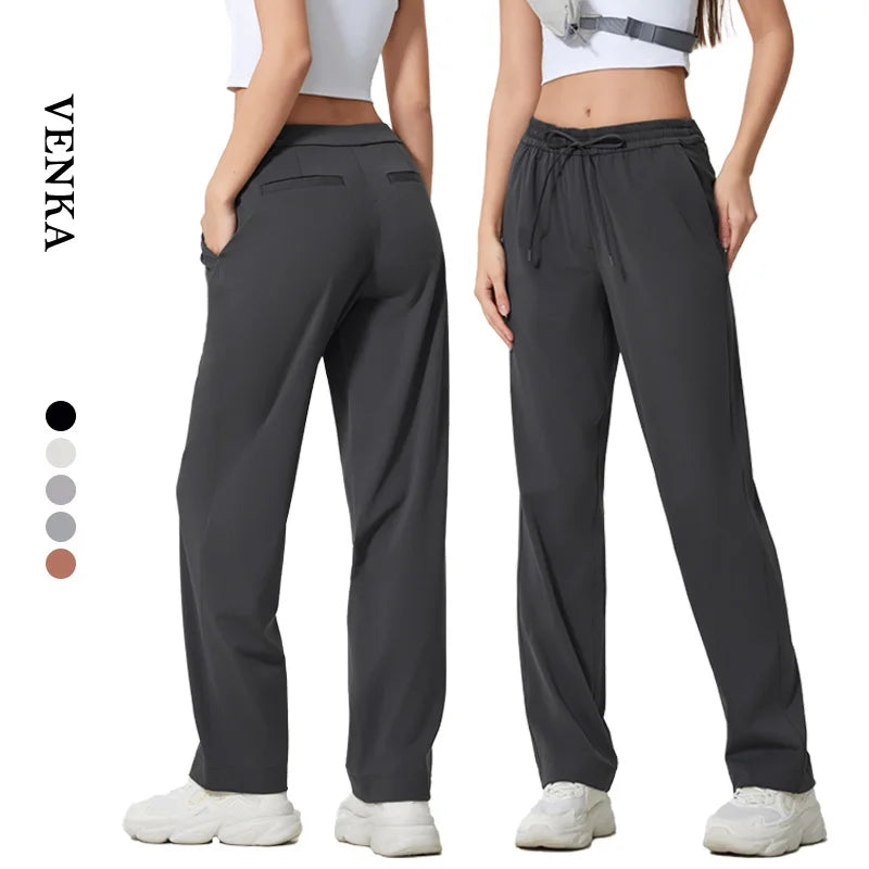OEM Custom Ladies Sportswear Fitness Casual Solid Color Drawstring Straight Casual Pants Women Outdoor Loose Pants With Pockets