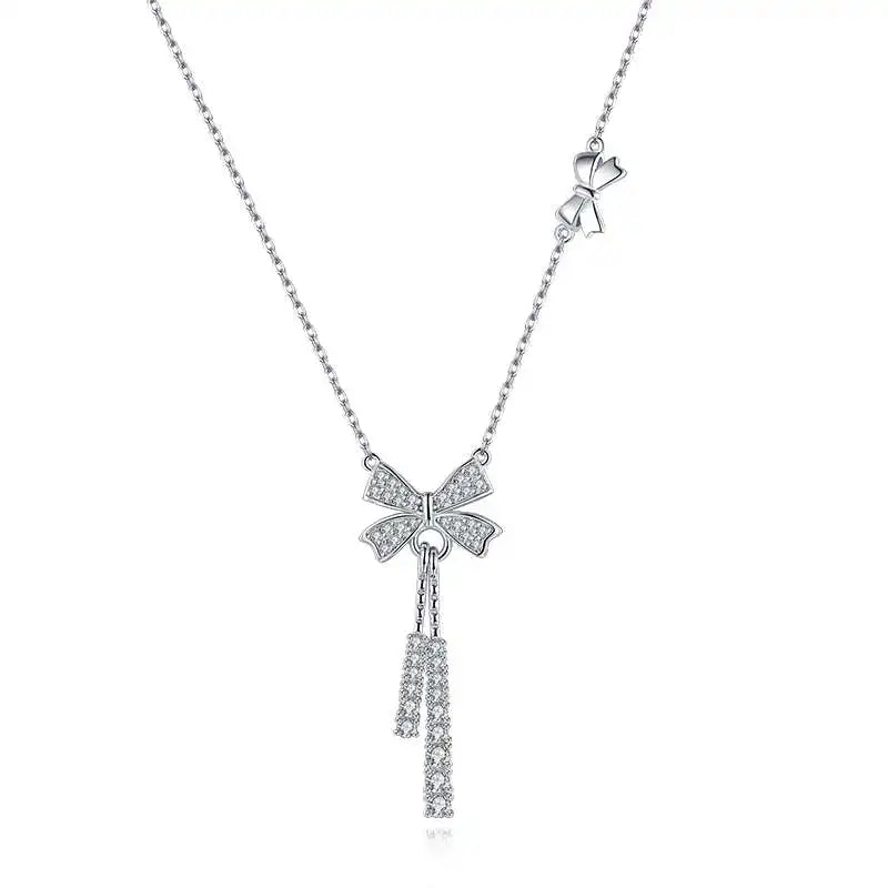 Fashion Bowknot Shaped Pendant Necklace 925 Silver Zircon Tassel Necklace