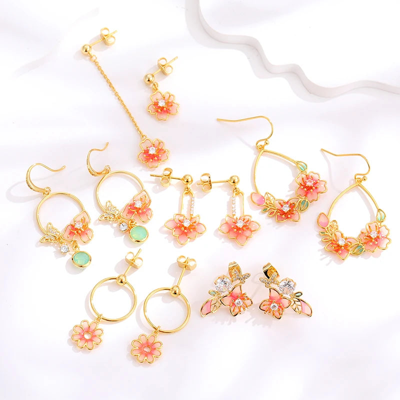 Wholesale Women Lady Chinese Style Elegant Copper Real Gold Plated Oil Dripping pink Flower Earrings Enamel Flower Earrings