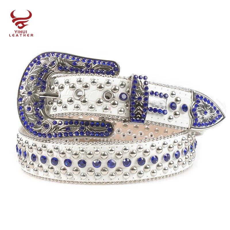 1.5" White Color Factory Custom Western Cowboy Bling Bling Studded Flower Buckle Sunshine Rhinestones Belt