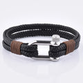 Wholesale High Quality Trendy Braided Black Real Cow Leather Rope Mens Stainless Steel Buckle Geometric 18K Gold Plated Bracelet