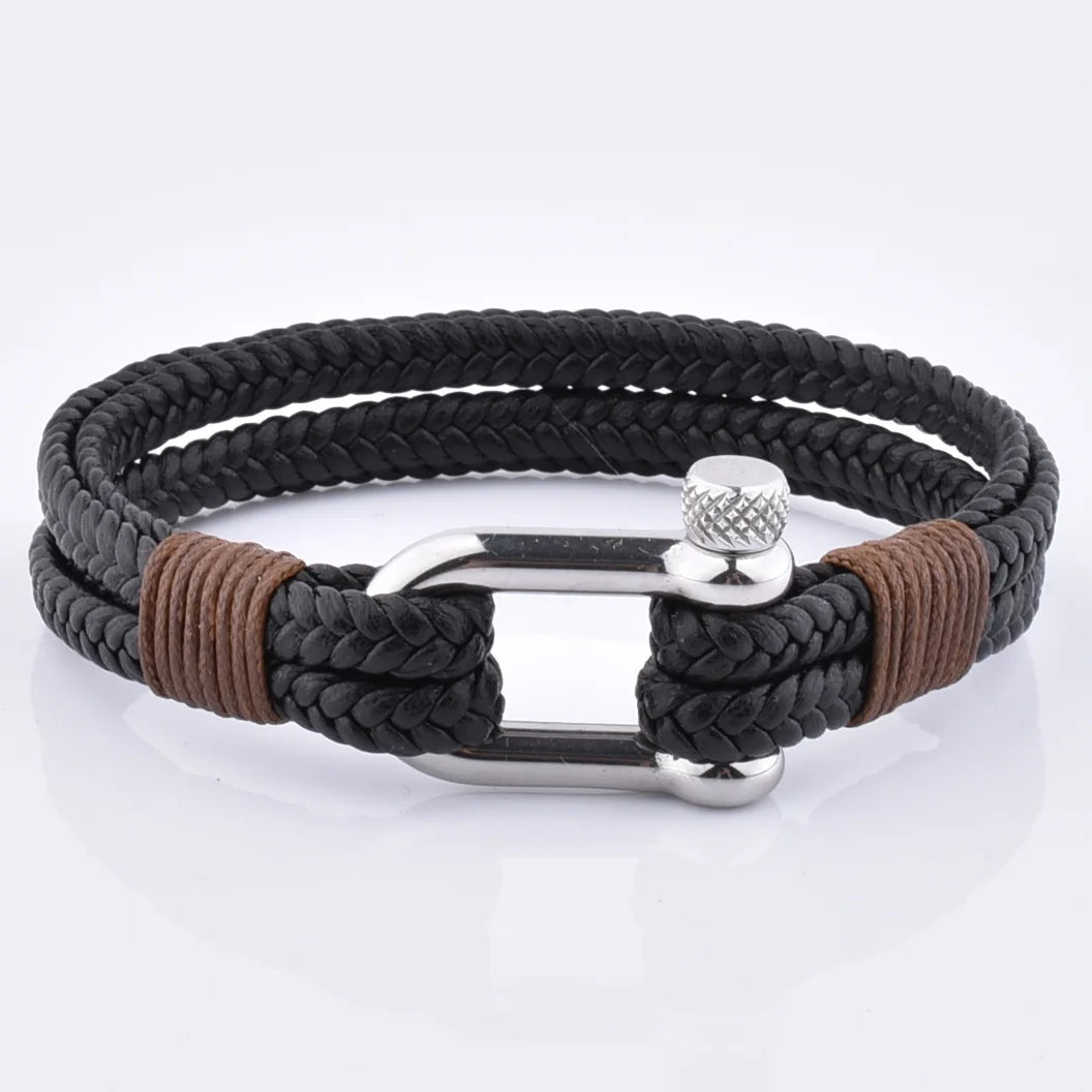 Wholesale High Quality Trendy Braided Black Real Cow Leather Rope Mens Stainless Steel Buckle Geometric 18K Gold Plated Bracelet
