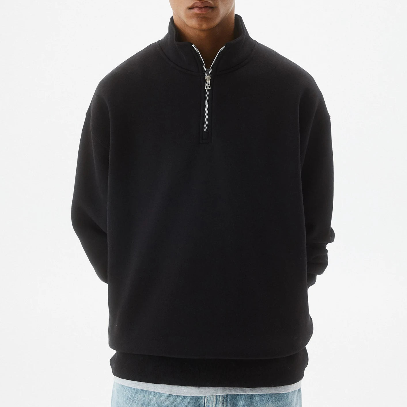Customized Men's Cotton Printed Sweatshirt With Enlarged Round Neck Quarter Zippered Men's Mock Neck Sweatshirt