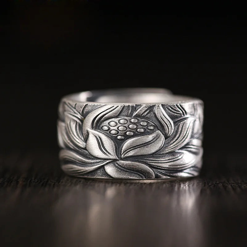 Anillos Budistas Vintage Chinese Buddhist Heart Sutra Rings for Men Women Opening Adjustable Lotus Flower Ring