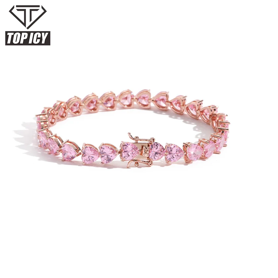 Unique Design 18k Gold Silver Plated 7mm Heart Iced Out Cubic ZIrconia CZ Diamond Tennis Bracelet for Women