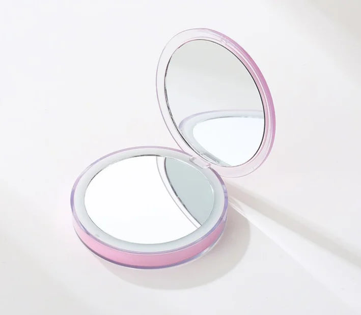 Factory Directly Custom Logo Small Round Shape LED Chrome Finish Foldable Pocket Style Makeup Mirror for Women Girl Daily Use
