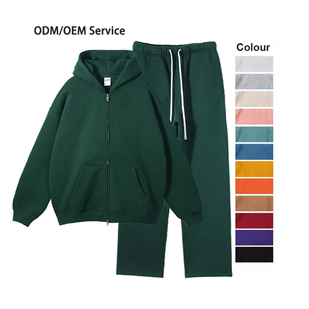 Men Double Zip up Hoodie Custom 350gsm Freece Rhinestone Sweatpants 2 PCS Set Man Fashion Streetwear Sets Plus Size Tracksuit