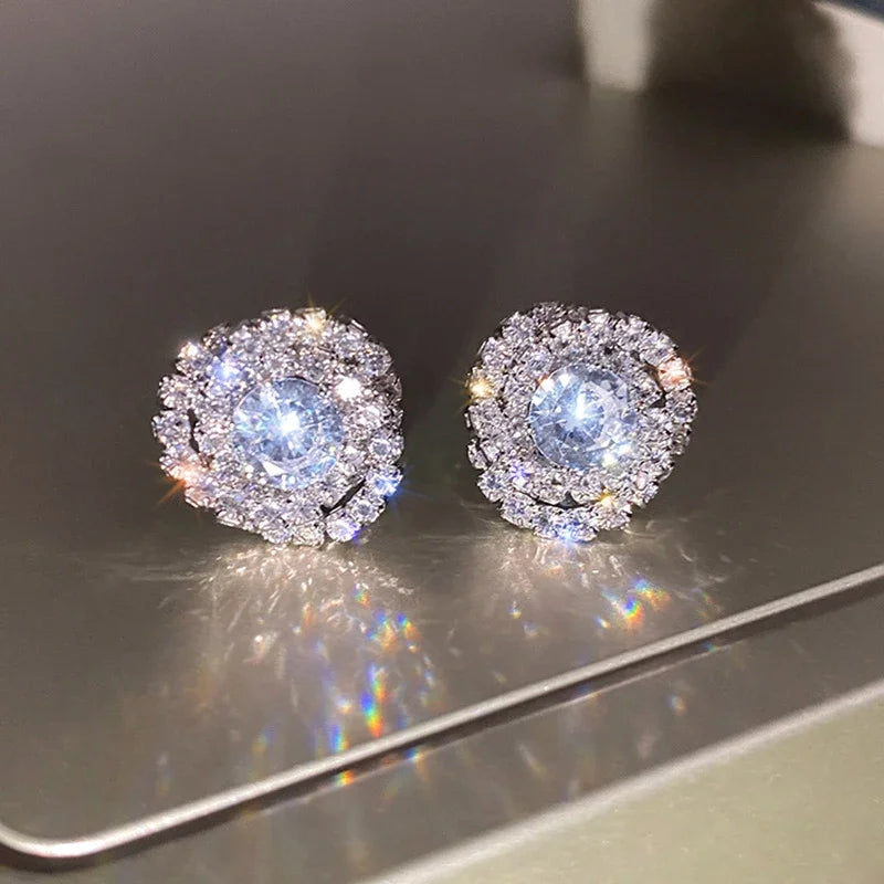Huitan Gorgeous Women's Dazling Cubic Zirconia Round Earring for Engagement Fashion Party Silver Plated Jewelry CZ Stud Earrings