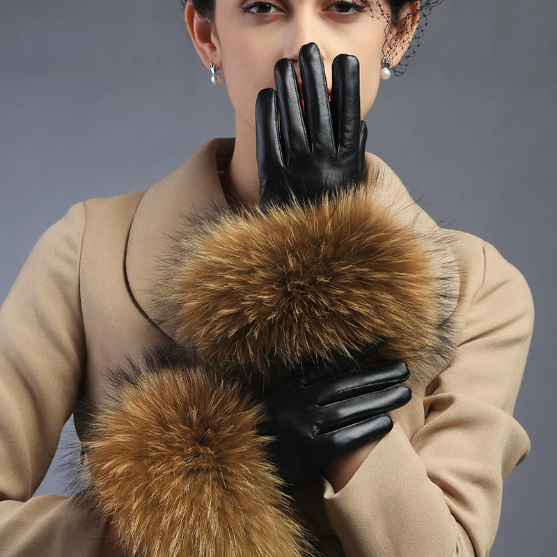 Elegant Raccoon Fur Warmth Women Sheepskin Leather Gloves