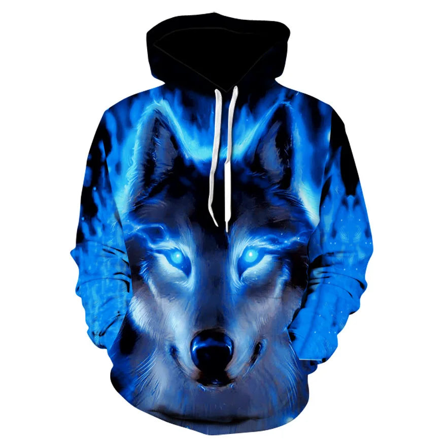 Men's 3D Star Wolf Digital Printed Hooded Sweater Large Size Autumn Couples Sweater Plain Dyed Technique
