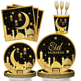 Muslim EID Mubarak Ramadan Decorations 16 Peoples Set Paper Tray Cups Banners Balloons Ramadan Tableware Table Cloths Covers