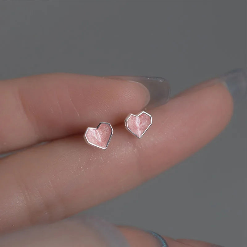 Valentine's Day Gift Earrings 925 Sterling Silver Pink Enamel Heart Stud Earrings for Women Girls Jewelry Gifts