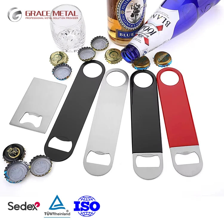 Blank or Rubber Sleeve Flat Beer Bottle Opener Custom logo Stainless Steel Bar Blade Opener for Bartender