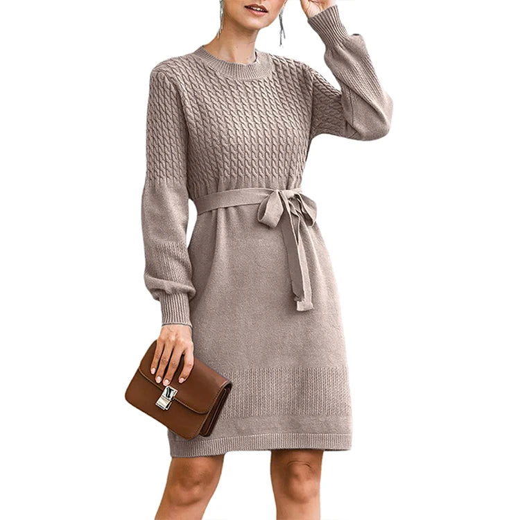 Customized Women's Fashionable Autumn Winter Knitted Dress Sweater Bow Belt Knitwear Pilling Resistance