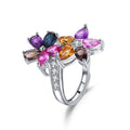 A3546 Abiding Fine Jewelry Delicate 925 Sterling Silver Natural Colorful Multi Gemstone Adjustable Fashion Flower Shaped Ring