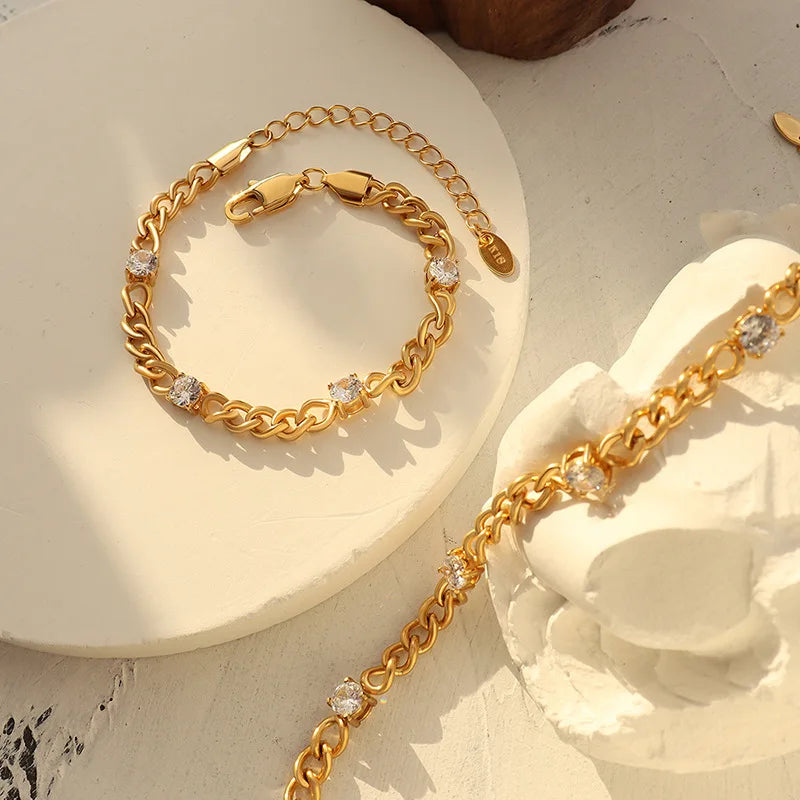 High End Women Luxury Jewelry Zircon Four Corners Inlaid 18k Gold Plated Stainless Steel Link Chain Bracelet