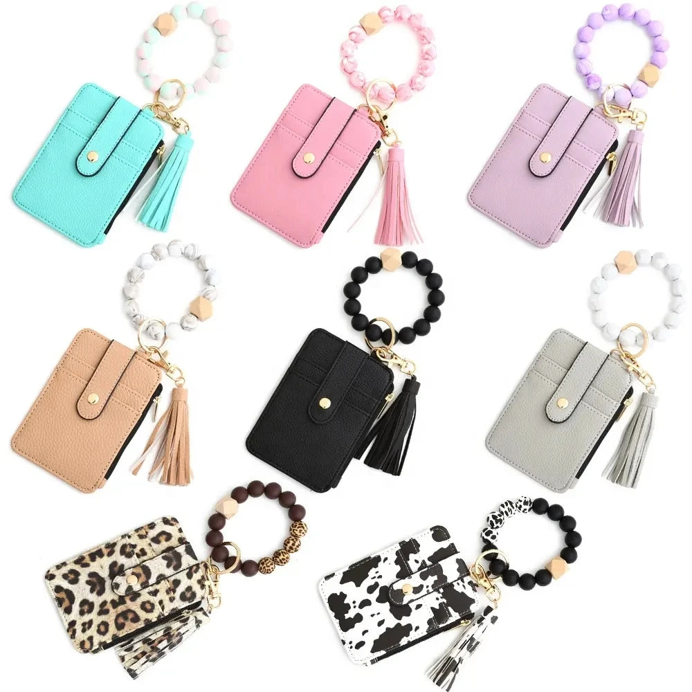 2026 New Arrival PU Leather ID Credit Card Holder Wallet with Wristlet Bangle Silicone Bead Tassel Card Holder Leather Keychain