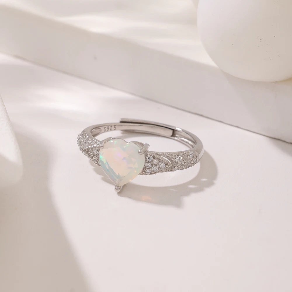 Women Daily Gemstone Ring Zircon Inlaid Color Reflective Heart Shaped Opal Stone Adjustable 925 Sterling Silver Engagement Ring
