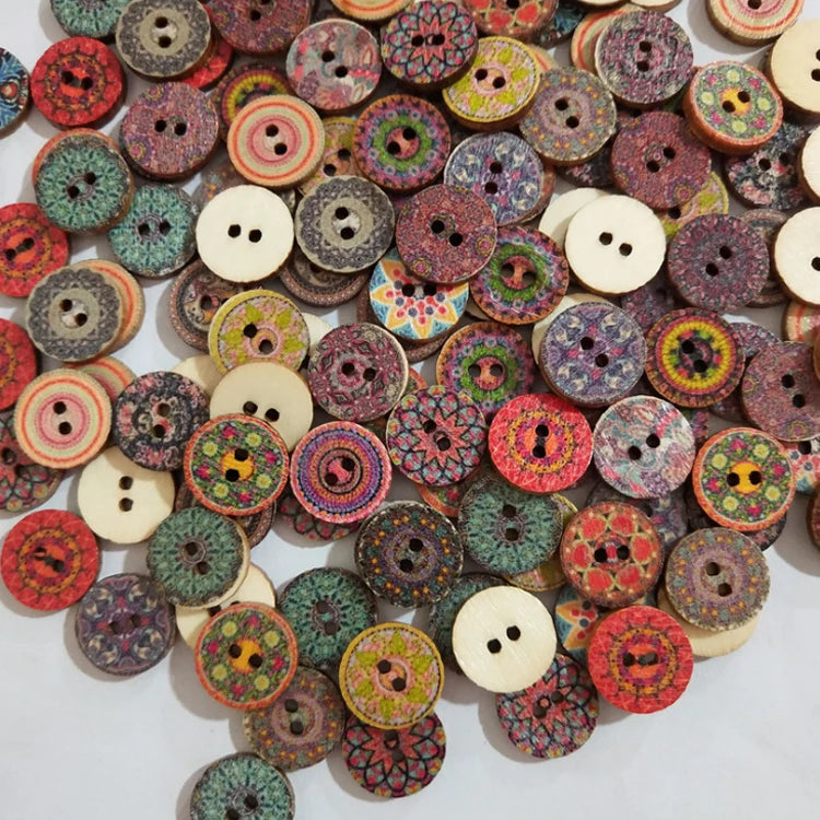 Round Mixed Random Pattern Custom Bulk 20Mm Wooden Buttons With 2 Holes
