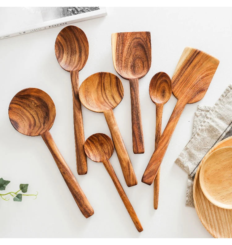 Teak Non-lacquered Wooden Spatula Non-stick Frying Spatula Wooden Long Handle Spoon Cooking Spatula Kitchen Utensils Set