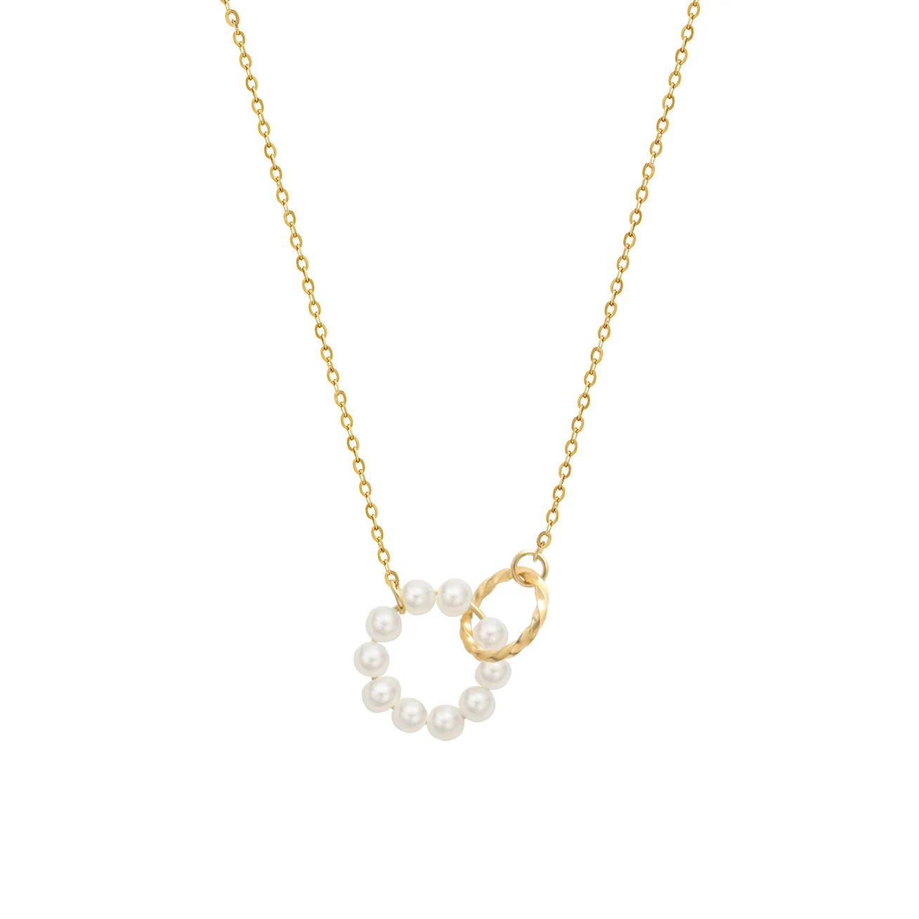 Baroque Jewelry 18K Gold Plated Stainless Steel Double Circle White Pearl Pendant Clavicle Choker Necklace for Women YF2348
