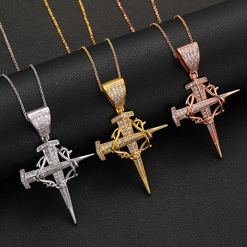 Hip Hop 925 Sterling Silver VVS Moissanite Nail Cross Pendant 18K Gold Plated Diamond Hip Hop Cross Pendant Necklace