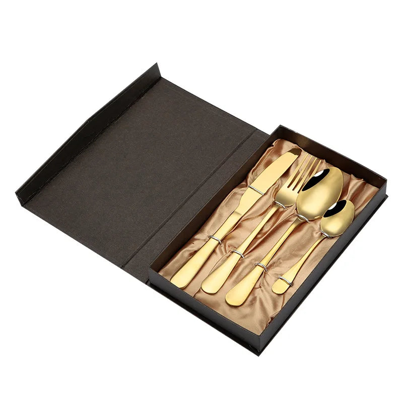 In Stock 4pcs Restaurant Flatware Set Gold Mirror Polish Stainless Steel Silver/Gold Gift Box