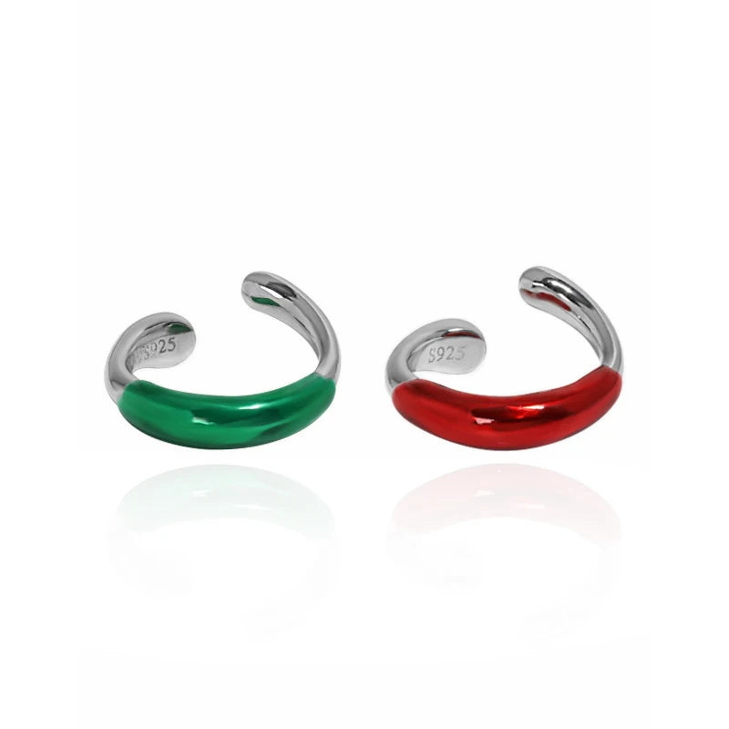 HEK1108-2 Enamel on 925 Sterling Silver Ear Cuff Ring Red Green Colour Personnalisable for Non-pierced Ears