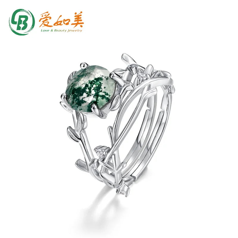 Classic Design 925 Sterling Silver Stacking Rings Natural Moss Agate Quartz Ocean Grass Ring Set