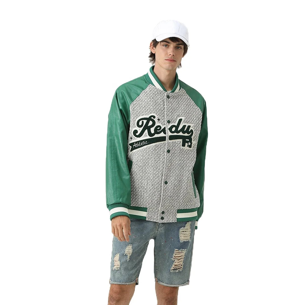 Wholesale Winter Embroidery Green Long Sleeve Baseball Jacket for Men Waterproof & Windproof
