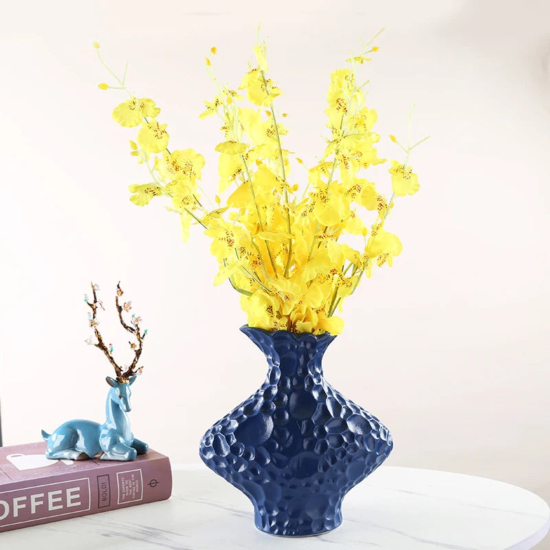 LIVEFUN Minimalist Ceramic Tabletop Vase Creative Spotted Design with Colorful Ribbed Glaze Matt Porcelain Bouquet Flower