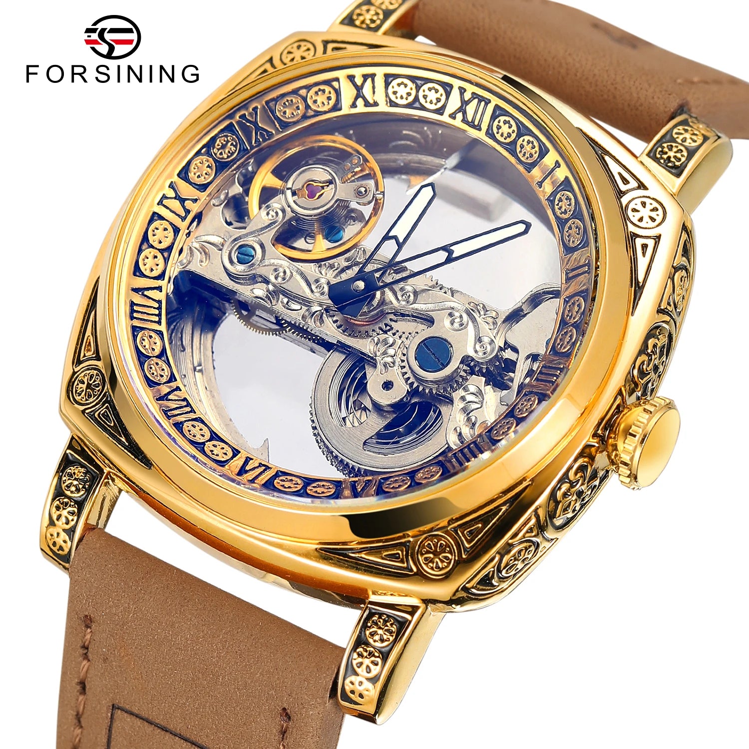 New Design Forsining Factory Skeleton Automatic Men Watch Brown Genuine Leather Wrist Watch for Men