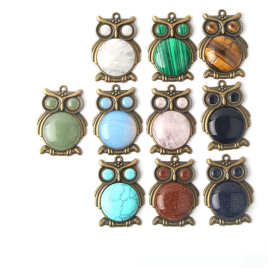 Natural Stone Owl Crystal Pendant Necklace DIY Gemstone for Jewelry Making Accessories