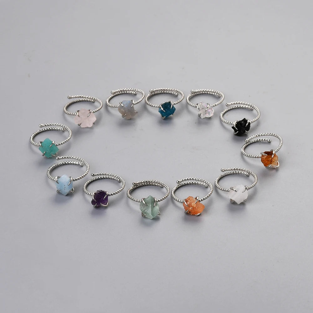 SS206 Platinum Plated 925 Sterling Silver Healing Crystal Jewelry Genuine Raw Aquamarine Birthstone Rings