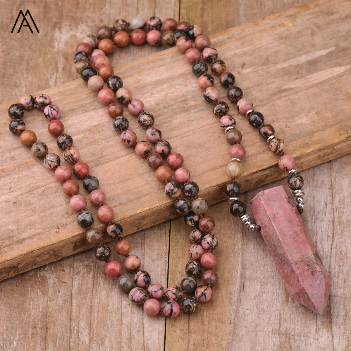Black Rhodonite Mala Necklace Classic Healing Gemstone Round Beads Trendy Yoga Jewelry for Wedding & Party Gifts Silver Plated