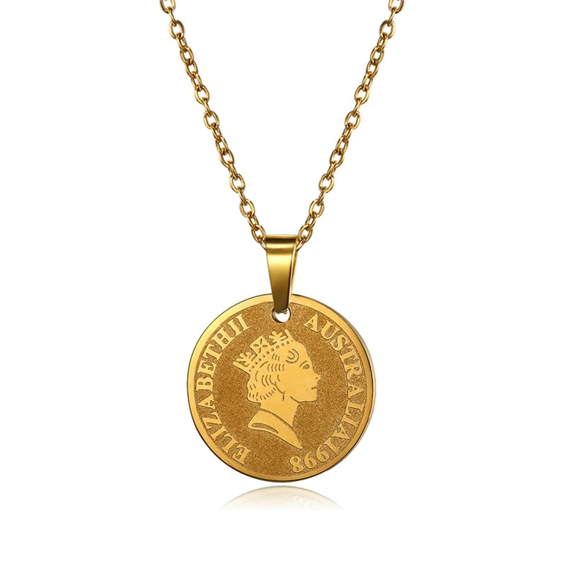 Dainty Elisabeth Portrait Dollar Pendants Chain Gold Stainless Steel Souvenir Australia 1998 Elizabeth II Coin Pendant Necklace
