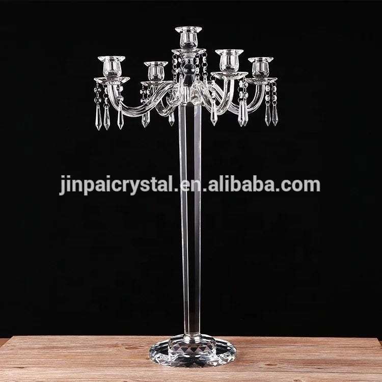 Cheap Tall 5 Head Crystal Glass Candelabra with Dropping Crystals for Table Decoration