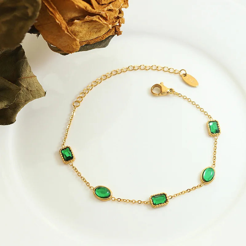 Ins 18k Gold Plated Titanium Steel Green Stone Charms Bracelet Square Emerald Zircon Bracelet for Girls